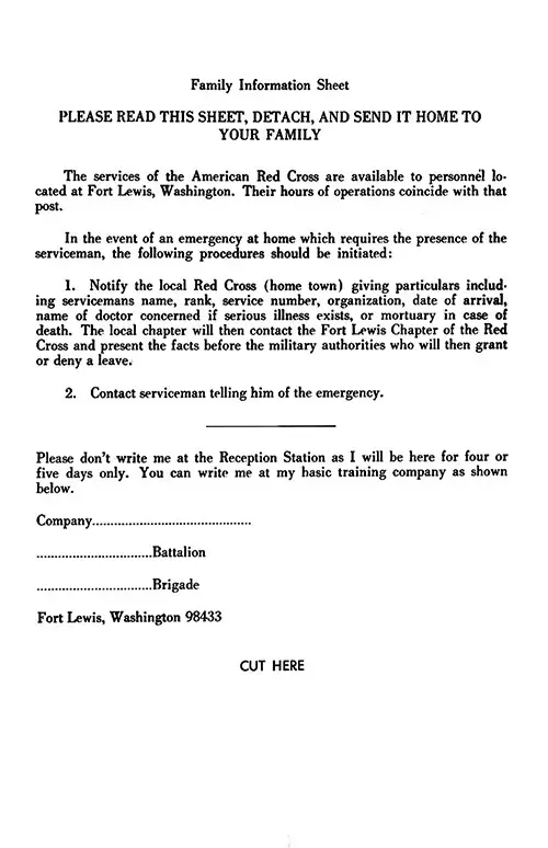 Family Information Sheet. Ft. Lewis Reception Station, 1950s.