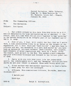 GGA Image ID # 13779e0884 Letter dated 30 January 1919 from Major Ralph B. Butterfield, Commanding Officer to the Second Battalion, 346th Infantry, 87th Division of the AEF.