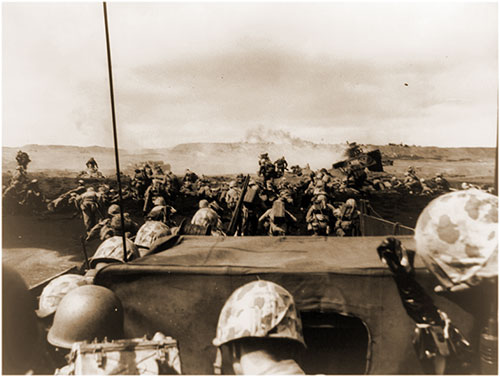 GGA Image ID # 19a3e335b8 A Wave of Charging Fourth Division Marines Begin an Attack from the Beach at Iwo Jima, 19 February 1945.