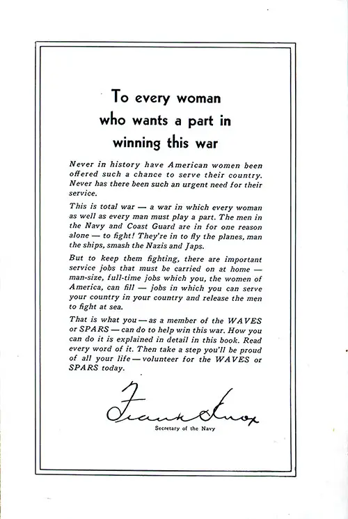 Letter from Frank Knox, Secretary of the Navy To Every Woman Who Wants a Part in Winning This War.