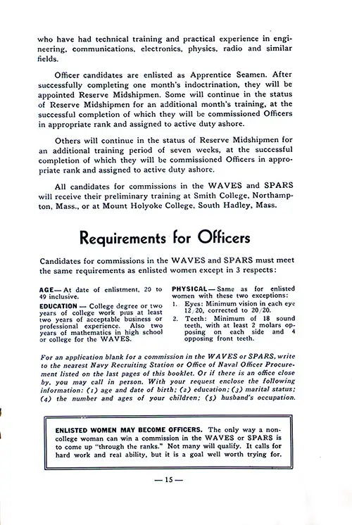Requirements of Officers in the WAVES or SPARS.