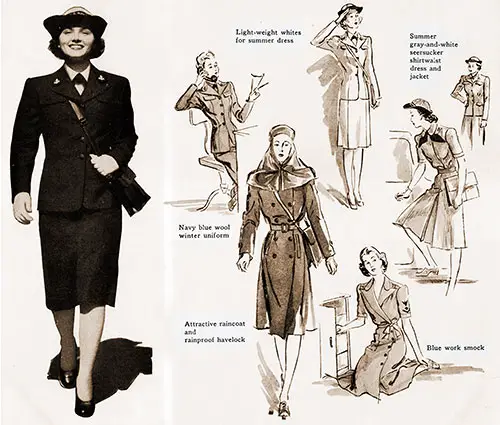 Smart Navy Uniforms for the Waves. (Clockwise From the Top) Light-Weight Whites for Summer Dress; Summer Gray-And-White Seersucker Shirtwaist Dress and Jacket; Blue Work Smock; Attractive Raincoat and Rainproof Havelock; and a Navy Blue Wool Winter Uniform.