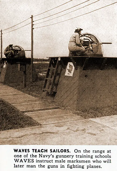 Wave Instructors at Navy Gunnery Training School. Waves Teach Sailors. Waves Instruct Male Marksmen on the Range at One of the Navy’s Gunnery Training Schools, Who Will Later Man the Guns in Fighting Planes.