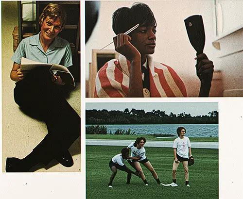 Collage of Scenes of WAVES recruits' Life at Orlando Naval Training Center. Reading, Hiarstyling, and Baseball. (Welcome to the Navy, 1 January 1978)