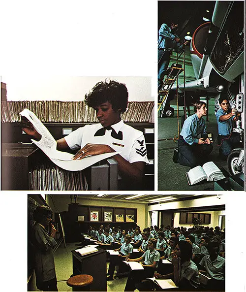Women Recruits at the Orlando Training Center—a Collage of Filing, Plane Mechanics, and Classroom Participation. (Welcome to the Navy, 1 January 1978)