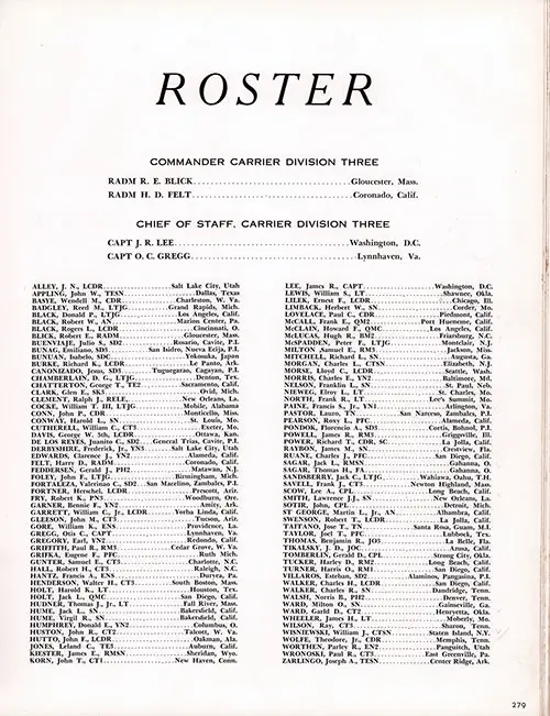 Roster of Officers and Crew, Part 1 (Commander Carrier Division Three, Chief of Staff -- Carrier Division Three, Carrier Division Three Officers and Staff). CVA-9 USS Essex, Third Far East Cruise, 1953-54.