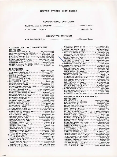 Roster of Officers and Crew, Part 2 (Commanding Officers, Executive Officer, Administrative Department, and Operations Department Officers (Barbour-Steen)). CVA-9 USS Essex, Third Far East Cruise, 1953-54.