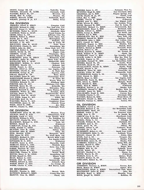 Roster of Officers and Crew, Part 3 (Operations Department (Swint-Tipton), OA Division, OE Division, OI Division, OL Division, and OR Division (Anderson-Boyd)). CVA-9 USS Essex, Third Far East Cruise, 1953-54.