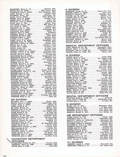 Roster of Officers and Crew, Part 4 (OR Division (Bradford-Wofford), OS Division, Navigation Department Officers, N Division, Medical Department Officers, H Division, Dental Department Officers, D Division, Air Department Officers, and V-1 Division (Alberty-Appleton)).