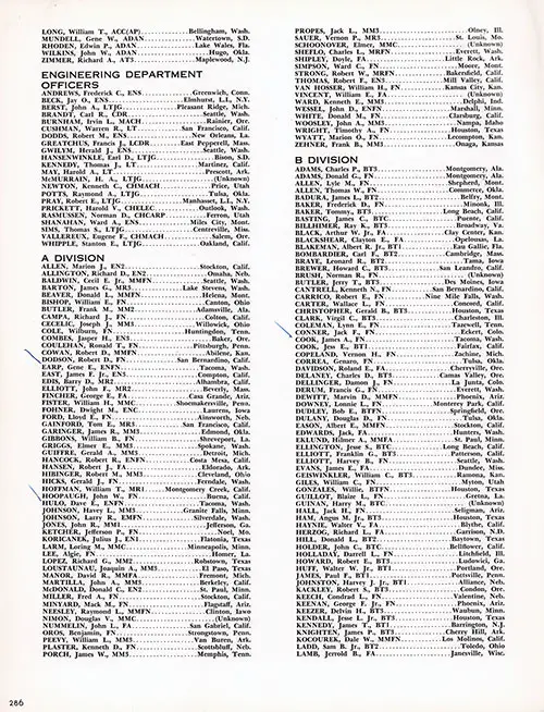 Roster of Officers and Crew, Part 8 (Helicopter Unit One Detachment (Long-Zimmer), Engineering Department Officers, A Division, and B Division (Adams-Lamb)). CVA-9 USS Essex, Third Far East Cruise, 1953-54.