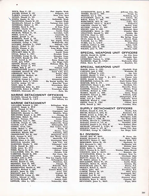 Roster of Officers and Crew, Part 13 (F Division (Houk-Wright), Marine Detachment Officers, Marine Detachment, Special Weapons Unit Officers, Special Weapons Unit, Supply Detachment Officers, and S-1 Division (Adams-Hennessey)). CVA-9 USS Essex, Third Far East Cruise, 1953-54.