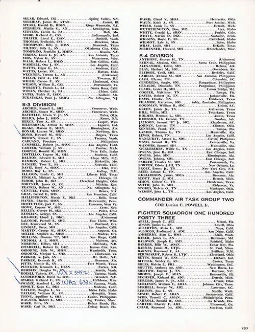 Roster of Officers and Crew, Part 15 (S-2 Division (Sklar-Zukauskas), S-3 Division, S-4 Division, Commander Air Task Group Two, Fighter Squadron 143 (Abell-Cezar)). NOTE: Handwritten Notation after the Names of Roesli WA2 5492 and Swayze WA2 6330 May Denote Advancement During or after deployment. CVA-9 USS Essex, Third Far East Cruise, 1953-54.