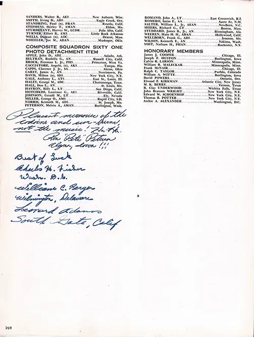 Roster of Officers and Crew, Part 20 (Composite Squadron 3 Team "ITEM" (Sanders-Wheeler), Composite Squadron 61 Photo Detachment ITEM, Honorary Members, and Annotations and Signatures from Several Sailors. CVA-9 USS Essex, Third Far East Cruise, 1953-54.