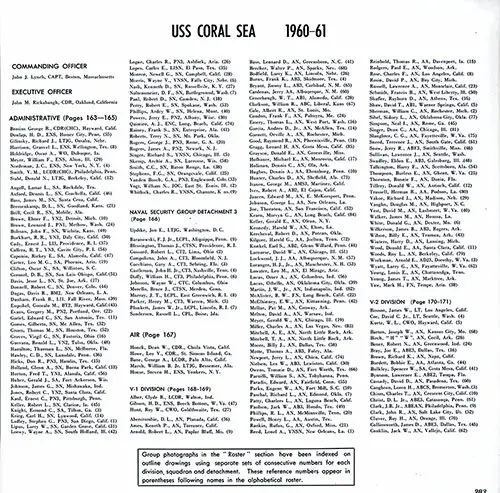 USS Coral Sea WestPac Cruise 1960-61 Roster, Part 1 (Commanding Officer, Executive Officer, Administrative Division, Naval Security Group Detachment 3, Air Department, V-1 Division, V-2 Division (Officers, Barton-Conklin)).