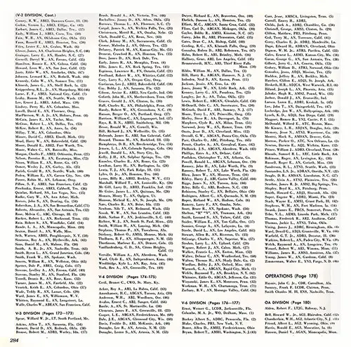 USS Coral Sea WestPac Cruise 1960-61 Roster, Part 2 (V-2 Division (Cooney-Wolfe), V-3 Division, V-4 Division, V-6 Division, Operations Officers, OA Division (Officer, Bell-Hansen)).