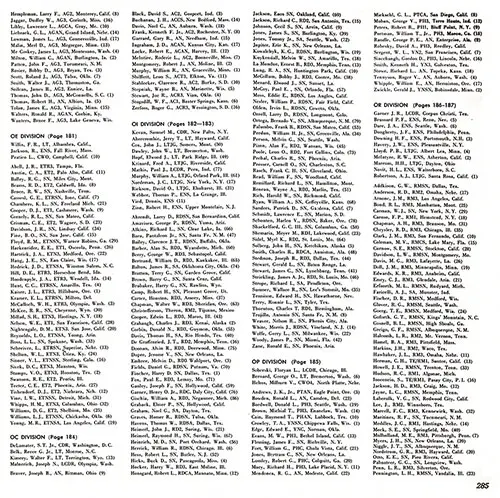 USS Coral Sea WestPac Cruise 1960-61 Roster, Part 3 (OA Division (Hempleman-Wanters), OE Divsion, OC Division, OI Division, OP Division, and OR Division (Officers, Adkinson-Pennington)).
