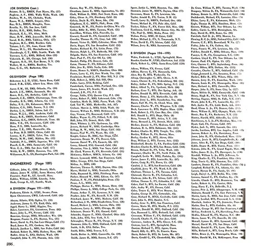 USS Coral Sea WestPac Cruise 1960-61 Roster, Part 4 (OR Division (Pointer-Zinn), OS Division, Engineering Officers, A Division and B Division (Officers, Adams-Miller)).