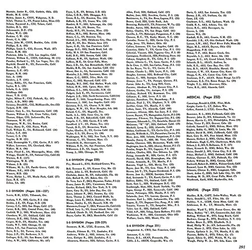USS Coral Sea WestPac Cruise 1960-61 Roster, Part 9 (S-2 Division (Mastein-Zeliun), S-3 Division, S-4 Division, S-5 Division, S-6 Division, Medical Department, and Dental Department.