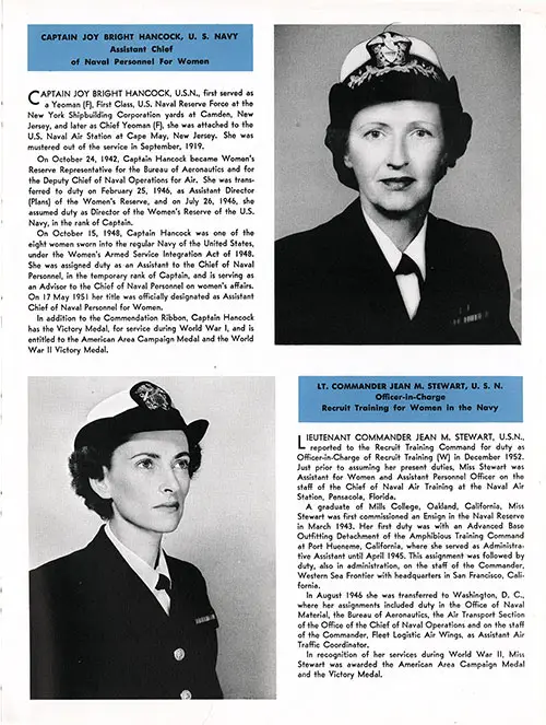 WAVES Company 53-126W Bainbridge NTC Command Leadership. Portrait Photos of CPT Joy Bright Hancock, USN and LCDR Jean M. Steward, USN.