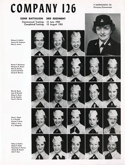 WAVES Company 53-126W Bainbridge NTC Recruits, Page 1 (Aldrich-Goo and Company Commander TE1 P. Muenchow).