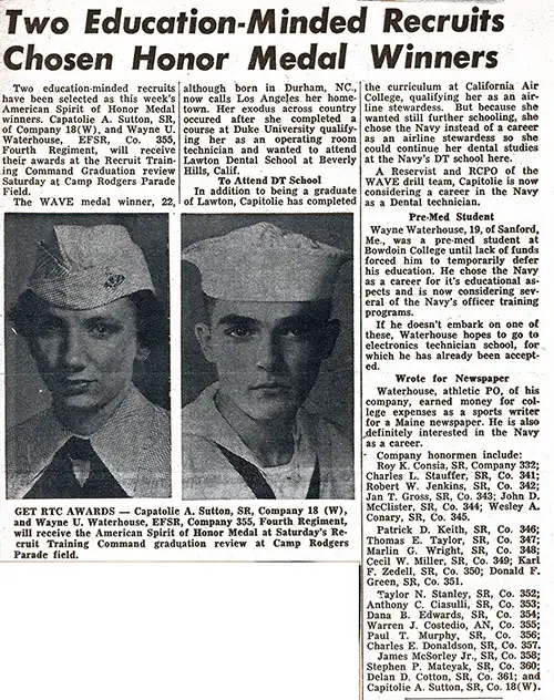 October 1955 Newspaper Clipping: Two Education-Minded Recruits Chosen Honor Medal Winners. (Newspaper Uncredited: [no notes as to its origin]. The newspaper could have been a military publication like The Bainbridge Compass or a local publication covering the graduation, but given the time period, it is likely from a publication covering the NTC Bainbridge area.).