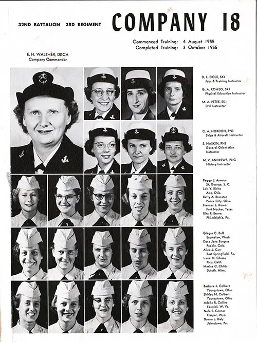 Company 55-18W WAVES Recruits, Page 1 Leadership Portrait Photos (Top Two Rows): DKC E. H. Walther, Company Commander, SK1 D. L. Cole, SK1 G. A. Romeo, SK1 M. A. Petee, PN3 C. A. Nordon, PN3 S. Haskin, and PNC M. V. Andrews. Recruit Photos (Armour-Daly).