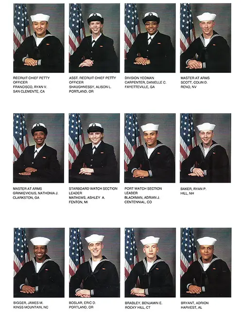 Division 2010-927 Recruits, Page 1 (RCPO Ryan V. Francisco, Asst. RCPO Alison L. Shaughnessy, YN Danielle C. Carpenter, MAA Colin D. Scott, MAA Nathonia J. Grinkevicius, SWSL Ashley A. Mathews, PWSL Adrian J. Blackman, and Ryan P. Baker.