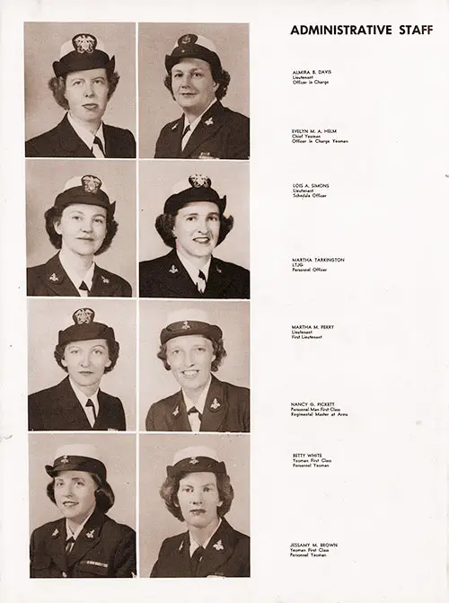 Company 51-W23 Great Lakes NTC Administrative Staff, Page 1. Portrait Photos Included LT Almira B. Davis, CY Evelyn M. A. Helm, LT Lois A. Simons, LTJG Martha Tarkington, LT Martha M. Perry, PN1-RMA Nancy G. Pickett, YN1 Betty White, and YN1 Jessamy M. Brown.