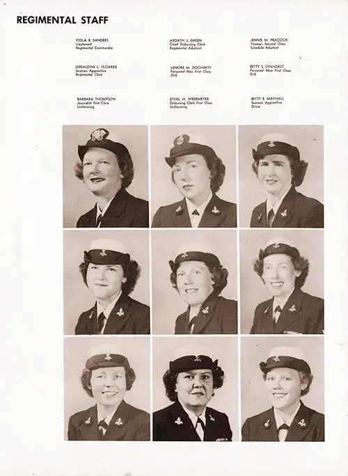 Company 51-W23 Great Lakes NTC Regimental Staff, Page 2. Portrait Photos Included LT Viola B. Sanders, DKC Ardath J. Green, YN2 Jennie M. Peacock, SA Geraldine L. Floarke, PN1 Betty S. Synhorst, JO1 Barbara Thompson, DK1 Ethel H. Wedemeyer, and SA Betty E. Mayhall.