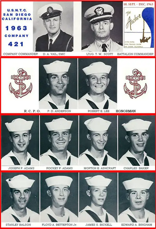 GGA Image ID # 235821e75d. Company 63-421 Commander SMC D. A. Vail; Battalion Commander LTJG T. W. Scott, RCPO. P. D. Anderson; Honorman Robert E Lee, Recruits Part 1, (Joseph F. Adams-Edward A. Bingham).