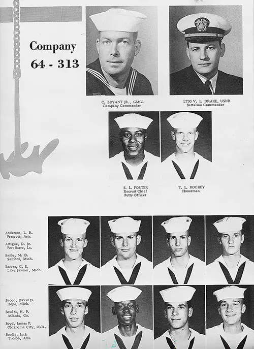Company 64-313 Recruits, Page 1 (CMG1 C. Bryant, Jr., LTJG V. L. Drake, RCPO E. L. Foster, Honorman T. L.Rockey, and Recruits (L. R. Anderson-Jack Bradle).