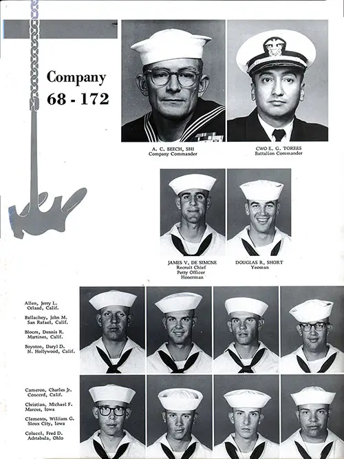 GGA Image ID # 235bf42495. Click to View a Larger Image. Company 1968-172 Recruits, Page 1 (SH1 A. C. Beech, CWO, E. G. Torres, RCPO and Honorman James V. De Simone, YN Douglas R. Short, Recruits Allen-Colucci).