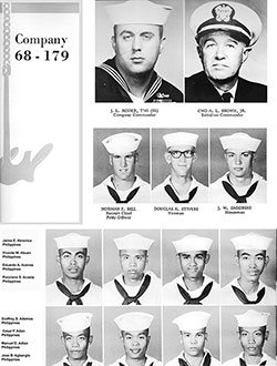 Company 68-179 Recruits, Page 1 (TM1 (SS) J. L. Reider, CWO A. L. Brown, Jr., RCPO Norman F. Bell, Recruit YN Douglas K. Stivers, Honorman J. W. Zagorski, and Phillipino Recruits Abrenica-Agbanglo).