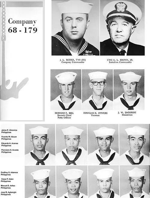 Company 68-179 Recruits, Page 1 (TM1 (SS) J. L. Reider, CWO A. L. Brown, Jr., RCPO Norman F. Bell, Recruit YN Douglas K. Stivers, Honorman J. W. Zagorski, and Phillipino Recruits Abrenica-Agbanglo).