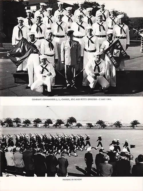 GGA Image ID # 1f923751bb Top: Company Commander J. L. Caudle, BTC, and Petty Officers, 2 May 1969. Bottom: Company 177 Graduating Recruits Passing in Review.