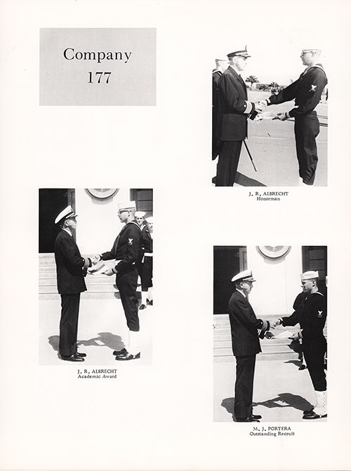 GGA Image ID # 1f919609ed Company 69-177 San Diego NTC Recruits, J. R. Albrecht, Honorman, J. R. Albrecht, Academic Award, and M. J. Portera, Outstanding Recruit.