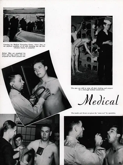 U.S. Navy Specialty Officers conduct medical processing at Naval Receiving Station, Shoemaker, California (1945).