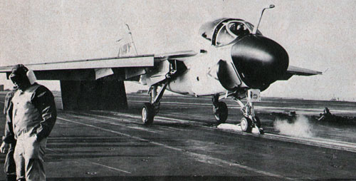 READY TO ROAR—A-6A Intruder gets ready for launching from Enterprise.