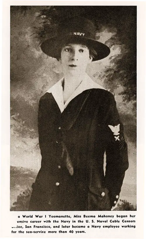 GGA Image ID # 18d330edc9 A World War I Yeomanette, Miss Beema Mahoney Began Her Extensive Career With the Navy in the U. S. Naval Cable Censors Service, San Francisco, and Later Became a Navy Employee Working for the Sea-Service More Than 40 Years.