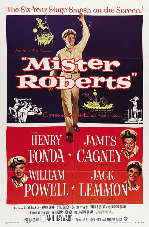 Movie Poster, Mister Roberts (1955) Starring Henry Fonda, James Cagney, William Powell, and Jack Lemmon.