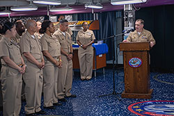 Capt. Daryl Cardone, Commanding Officer of USS Ronald Reagan (CVN 76), Speaks During a CPO Birthday Celebration.