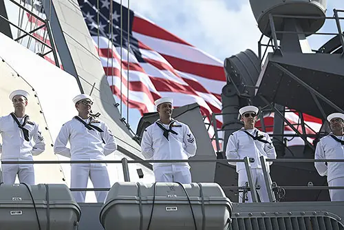 Sailors Crew the Rails of Arleigh-Burke Class Guided-Missile Destroyer Uss Carney (Ddg 64) as It Ends a Seven-Month Deployment and Returns to Homeport Naval Station Mayport.