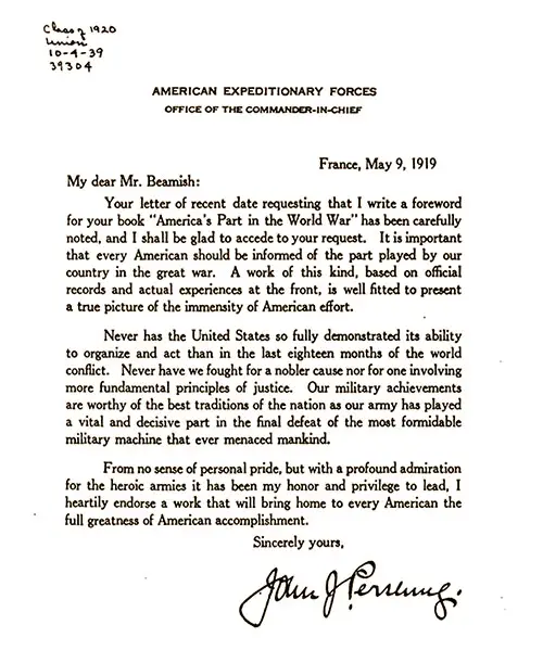 GGA Image ID # 185bae0664 Letter Dated 9 May 1919 (France) to Mr. Beamish, Author of "America's Part in the World War," from John J. Pershing, Commander-in-Chief, American Expeditionary Forces.