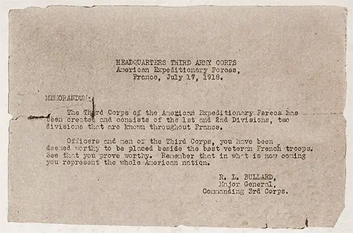 GGA Image ID # 18d8ea501a Memorandum to Officers and Men of Third Army Corps from Major General R. L. Bullard dated 17 July 1918.