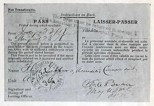 GGA Image ID # 1848424c84 Correspondent Pass, American Army Occupied Territory in France for Floyd Gibbons, dated 23 June 1918.