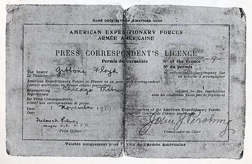 GGA Image ID # 187c00b39b Press Correspondent's License, American Expeditionary Forces, Issued to Floyd Gibbons, 1 November 1917.