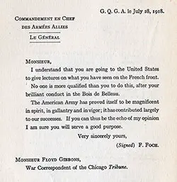 GGA Image ID # 184b0ce58a English Translation of Letter from Marshal Foch to Floyd Gibbon Dated 28 July 1918.
