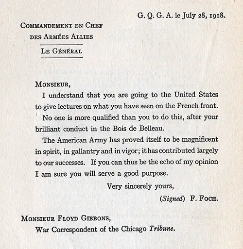 GGA Image ID # 184b0ce58a English Translation of Letter from Marshal Foch to Floyd Gibbon Dated 28 July 1918.