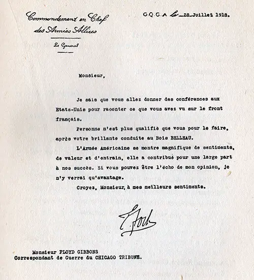 GGA Image ID # 184b1f9dbd Letter, in French, dated 28 July 1918 from General Foch, Commander-in-Chief of the Allied Forces to Mr. Floyd Gibbons, War Correspondent for the Chicago Tribune.