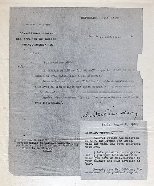 GGA Image ID # 18836c8140 Letter from Lieutenant Jean Pozzi of the Commissariat Général des Affaires de Guere Franco-Américaines to Floyd Gibbons.